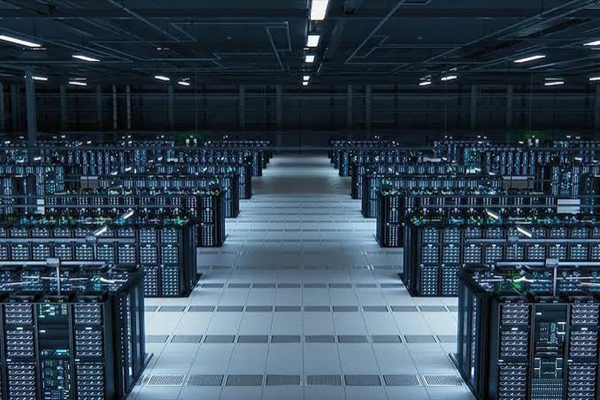 Large data center with symmetrical rows of computing infrastructure